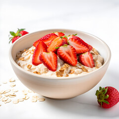 Wall Mural - Oatmeal with fresh strawberries in a bowl on a white background. AI Generative