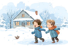 The House Is Covered With Snow, There Are Two Boys Play Outside Cartoon Image, White Background, Isolated