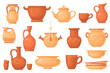 Cartoon clay crockery. Antique ceramico utensils, brown earthenware pot dish vessels cup jug bowl, ancient ceramic dishes, image pottery kitchenware, icon neat png illustration