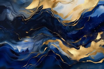 Wall Mural - Modern abstract luxury background with navy blue watercolor stains or fluid art in alcohol ink style with golden glitter. Generative AI