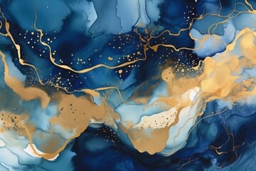 Wall Mural - Modern abstract luxury background with navy blue watercolor stains or fluid art in alcohol ink style with golden glitter. Generative AI