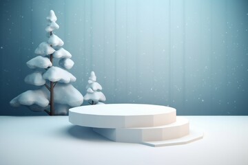 Wall Mural - Podium platform with geometric shapes and winter background. Generative AI