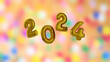 3D illustration of 2024 number shaped balloons. Gold balloons in shape of 2024. Blurry party in the background.