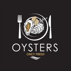 Wall Mural - label of fresh oyster shell and lemon on plate isolated on black background