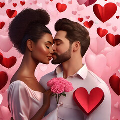 Interracial couple touching noses for romantic picture on Valentines Day