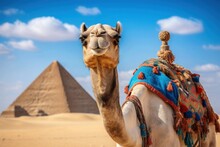 Happy Camel Visiting Pyramids In Giza Egypt Desert Smiling Vacation Travel Cultural Historical Heritage Monument Taking Selfie