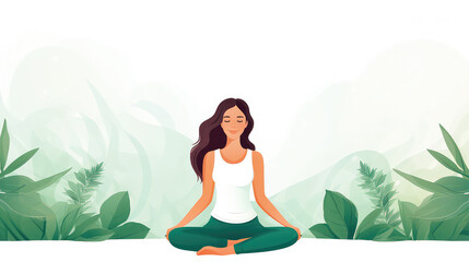 Wall Mural - Woman practice yoga template white and green namaste copy space