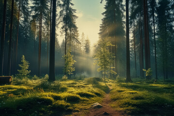 Poster - Sunlight streams through a dense pine forest, highlighting the lush green moss and young saplings on the forest floor.