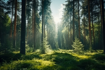Poster - Sunbeams break through the tall pine trees, illuminating the soft moss and delicate ferns on the forest floor in a peaceful woodland.