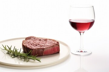 A gourmet dinner featuring a succulent grilled beef steak with rosemary, served on a wooden board, complemented by a glass of red wine.