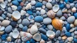 background of shells and stones on blue.