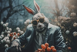 Fototapeta  - Easter bunny in a suit and sunglasses, set against a moody floral backdrop, evokes a cool yet whimsical holiday theme.