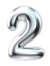 Number 2 Silver Balloon Isolated On Transparent Background. 3D Number Illustration Render. Studying Concept