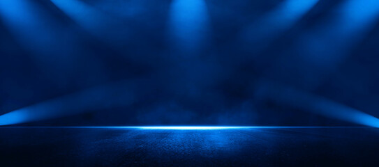 Rays light in the dark with smoke. Empty background scene spotlight. 