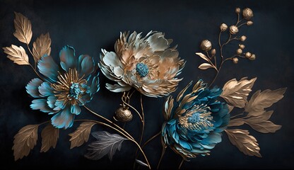 Poster - Generative AI, Close up of blooming flowerbeds of amazing blue flowers on dark moody floral textured background. Photorealistic effect.	
