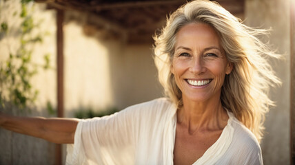 Happy smiling middle aged woman in calm environment, doing stretching, yoga or tai chi exercises, physical and mental health concept, wellness outdoors, space for text
