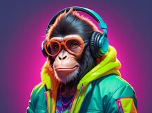 Illustration Of Fantasy Character With Monkey Head In Stylish Glasses And Headphones Wearing Neon Jacket Listening To Music Against Color Background. Ai Generative Art