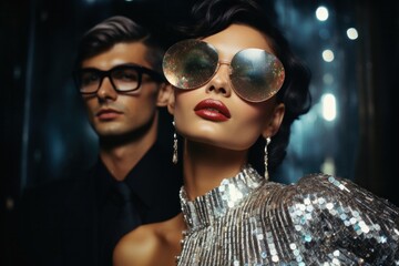 Chic woman in glittery attire with large sunglasses, man in the background illuminated by bokeh lights