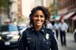 Portrait of a smiling police woman in an American uniform on the street USA