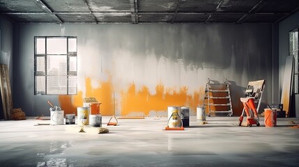 Aufkleber - Preparation for painting works. Banks with paint, brushes and rollers are on the concrete floor. Home repair. The image is suitable for advertising a store of construction products