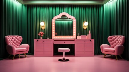Poster - Classy pink beauty cosmetic makeup room or dressing fitting room backstage included light bulb mirrors desk, luxury pink curtain and green couch seat furniture decoration interior for celebrities