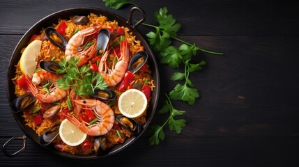 Canvas Print - Traditional Spanish paella with seafood in a frying pan on a black stone background. Top view, flat lay. Mediterranean Kitchen. Textured object, selective focus