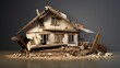 A wooden house with a crack. The concept of a damaged house, dilapidated housing. Home repair after disaster. Renovation, restoration of the old building. Property insurance. Damage. Weather element.