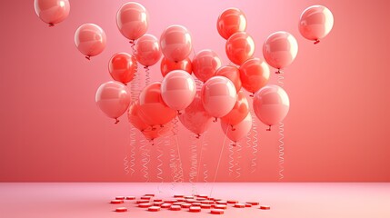 Canvas Print - 3D Coins are raised up by red balloons on pink background. money spending and money inflation concept. 3d render illustration