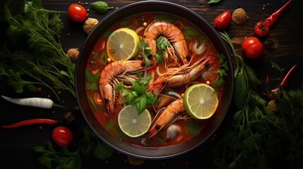 Aufkleber - Thai Food Tom Yum Kung, Hot and sour spicy shrimps prawns soup curry lemon lime galangal red chili straw mushroom on table food, Shrimp soup on seafood soup bowl with thai herb and spices - top view
