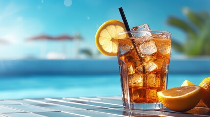 Poster - Summer on the pool and iced tea photo on table with ice and free space for your decoration
