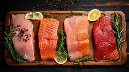 Poster - Raw steaks - fish salmon, beef meat and turkey breast fillet on a cutting board. Wooden background. Top view. Copy space.