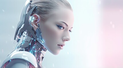 Aufkleber - Female artificial intelligence dawn - 3D illustration of beautiful science fiction chrome robot girl in soft pastel light