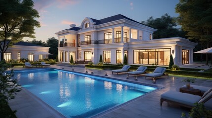 Poster - Expensive private villa. Swimming pool in a private house. Evening in a country house. Mansion exterior. Luxury villa with swimming pool. 3d illustration