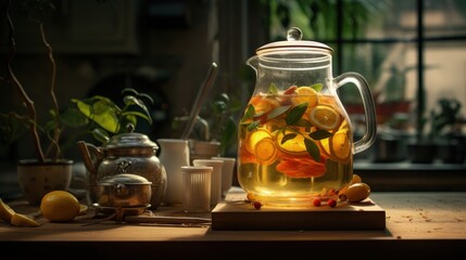 Poster - Fruit tea with peaches, mint and apples in a glass brewing kettle on the table.