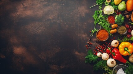Poster - Fresh delicious ingredients for healthy cooking or salad making on rustic background, top view, banner. Diet or vegetarian food concept.