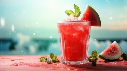 Poster - Refreshing cold summer drink watermelon slushie with mint in glass