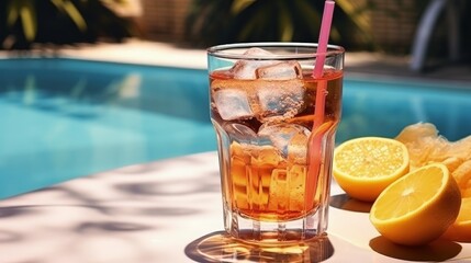 Poster - Summer on the pool and iced tea photo on table with ice and free space for your decoration