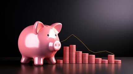 Poster - Pink Piggy Bank Icon and 3D Chart of Exponential Growth with Arrow, Savings Sign Template, Money and Financial Symbol, Commerce, Market, Payment Invest Theme, 3d Illustration