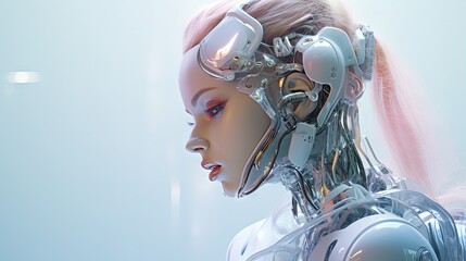 Aufkleber - Female artificial intelligence dawn - 3D illustration of beautiful science fiction chrome robot girl in soft pastel light
