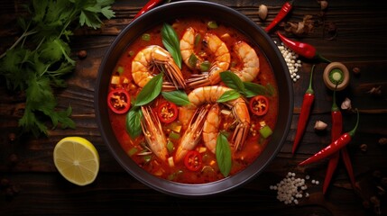 Aufkleber - Thai Food Tom Yum Kung, Hot and sour spicy shrimps prawns soup curry lemon lime galangal red chili straw mushroom on table food, Shrimp soup on seafood soup bowl with thai herb and spices - top view