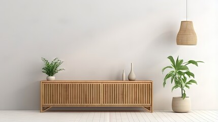 Aufkleber - Living room wall mockup in warm interior with wooden slat curved sideboard, trendy green plant in basket and wicker lantern on blank white background. 3D rendering, illustration