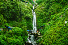 Majestic Landscape Of Bhagsu Nag Waterfall And Green Forest Around At Mcleodganj, Himachal Pradesh, India.