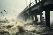 Coastal Tempest: Waves Crashing On Pier Stormy Sea, Violent Waves, Pier Structure, Spray And Foam, Debris In The Air, Dark Cloudy Sky, Force Of Nature
