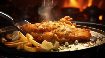 Aufkleber - Detail of pliers taking fried schnitzel out of a sizzling pan.