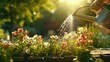 Unrecognisable man watering flower bed using watering can. Gardening hobby concept. Flower garden image with lens flare.