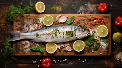 Poster - Fish dish cooking with various ingredients. Raw Sea bass with lemon, garlic, herbs and spices on cutting board, top view. Healthy food or diet nutrition concept.