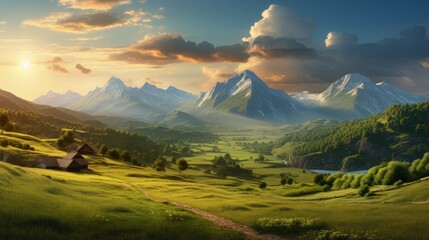 Sticker - mountainous rural landscape at sunset. beautiful scenery with forests, hills and meadows in evening light. ridge with high peak in the distance. village in the distant valley