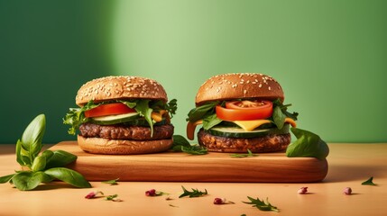 Poster - Healthy vegetarian meat free burgers on round chopping board with vegetables and spinach on light background.