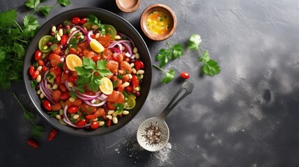 Aufkleber - Salad of white and red beans, tomatoes and herbs in a ceramic bowl on a gray concrete table.. Tasty vegan food. Copy space for text