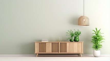 Sticker - Living room wall mockup in warm interior with wooden slat curved sideboard, trendy green plant in basket and wicker lantern on blank white background. 3D rendering, illustration